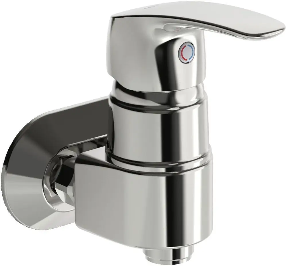 Einhebelmischer in glänzendem Chrom mit einem seitlichen Hebel, montiert an einer Wandhalterung. Er gehört zur Produktreihe von Hansa.
